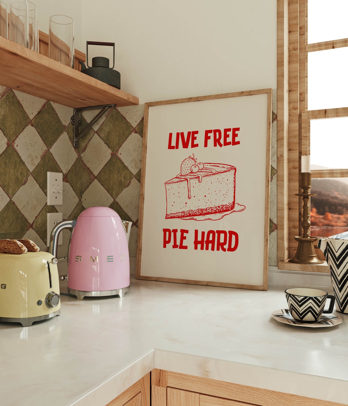 Live Free Pie Hard Retro Red Cake Funny Kitchen Quote Poster - Image 2