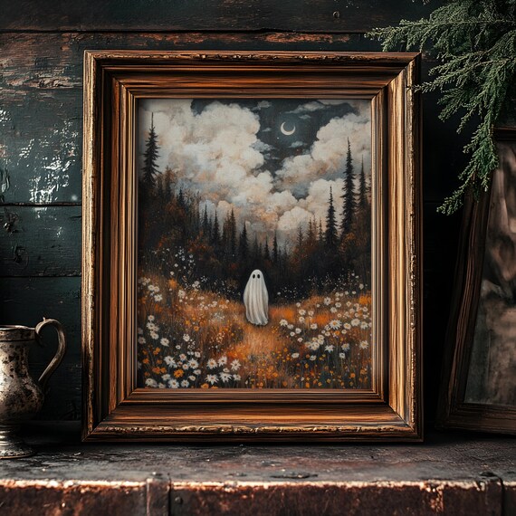 Cute Halloween Ghost Wall Art Landscape Print Spooky Decor Ghost Art Print Whimsical Decor Halloween Print Fall Painting Vintage Decor