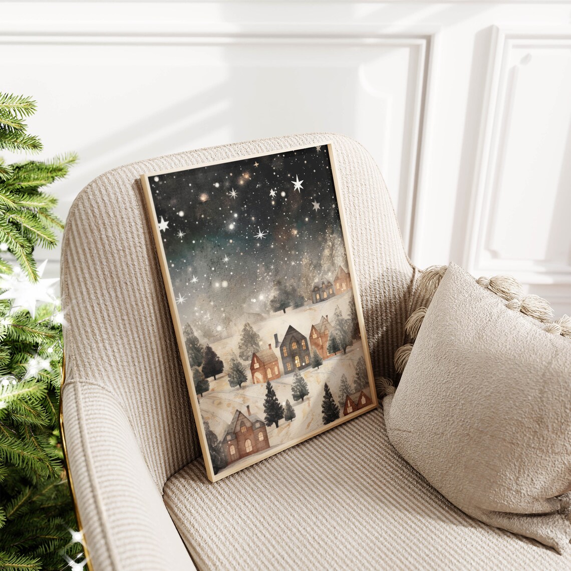 Snowy Christmas Village Under a Starry Night Sky Vintage Art Poster - Image 2