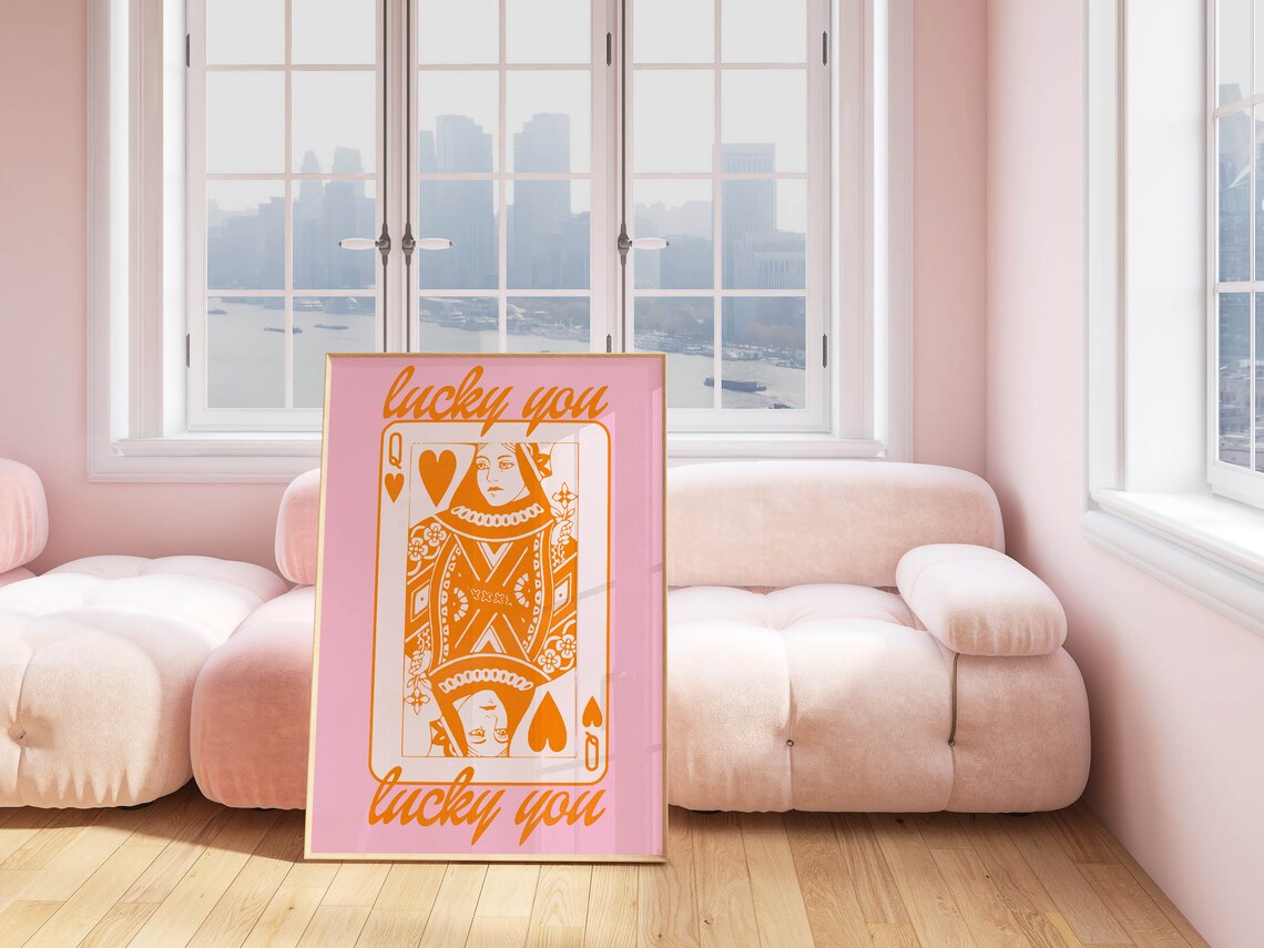 Lucky You Retro Pink Queen of Hearts Playing Card Wall Poster - Image 2