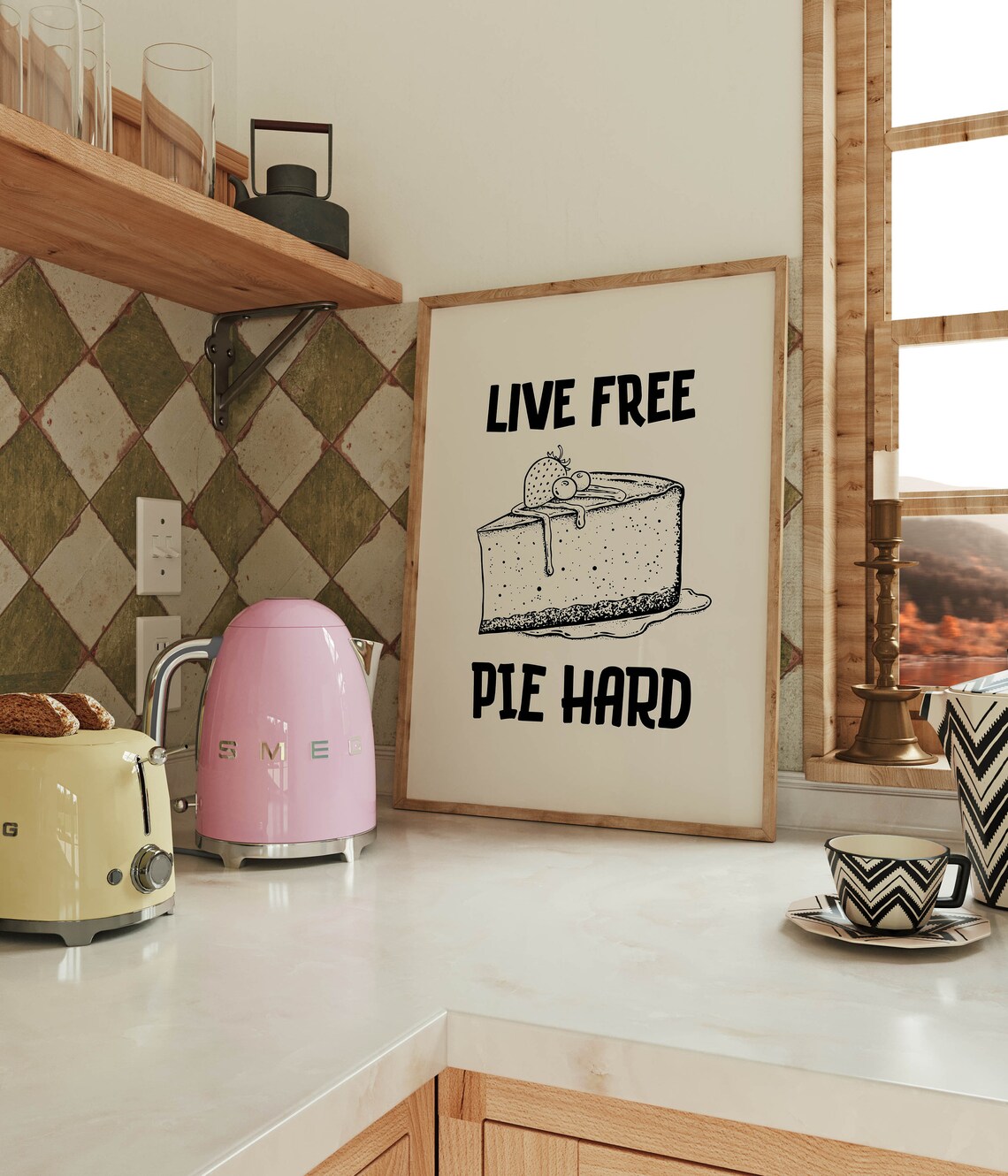 Live Free Pie Hard Funny Cheesecake Slice Quote Kitchen Poster - Image 2