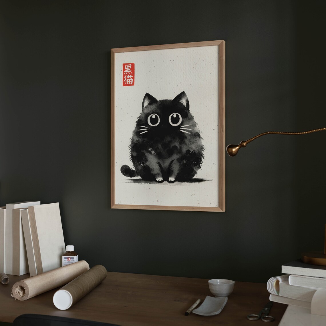Wide-Eyed Chubby Black Kitten Japanese Ink Painting Cute Poster - Image 2