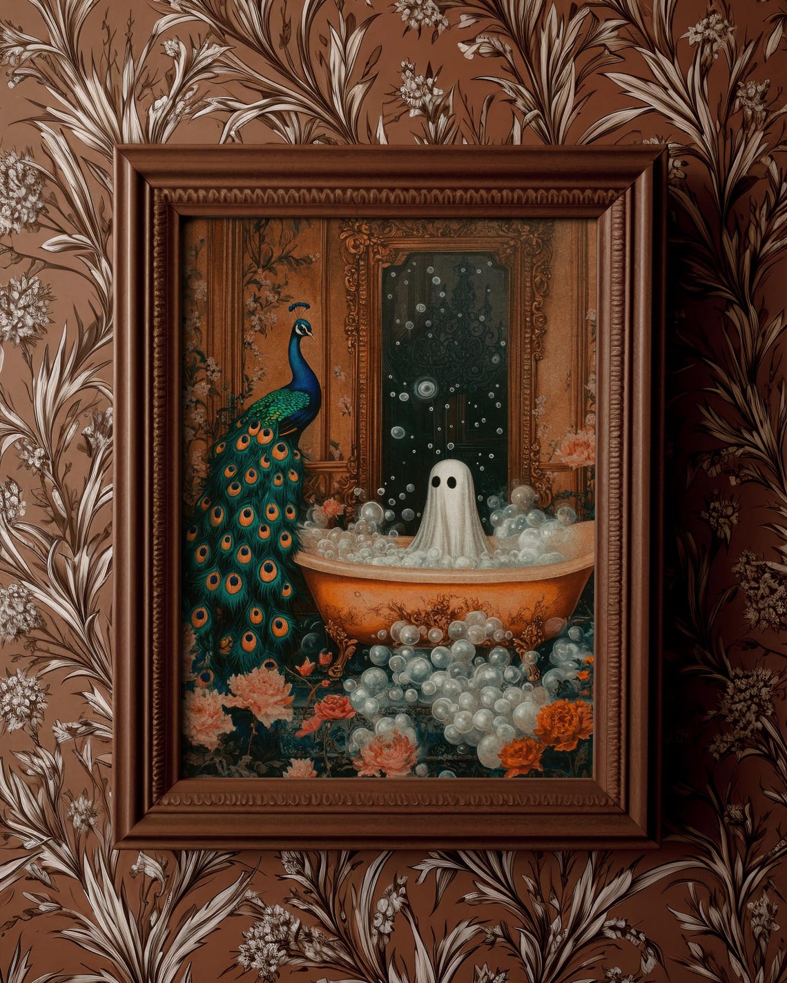 Peacock and Ghost Victorian Bubble Bath Scene Halloween Art Print
