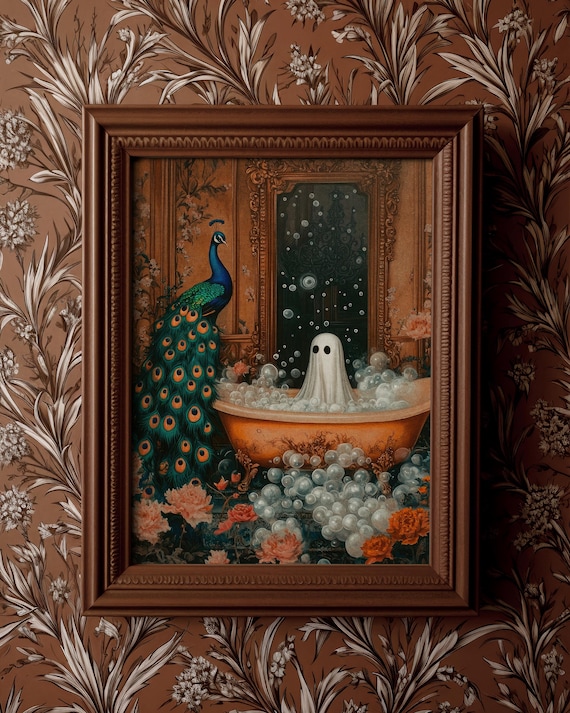 Peacock and Ghost Victorian Bubble Bath Scene Halloween Art Print