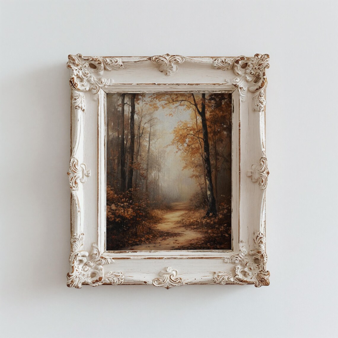 Moody Autumn Forest Path Through Golden Trees in the Mist Wall Art - Image 2