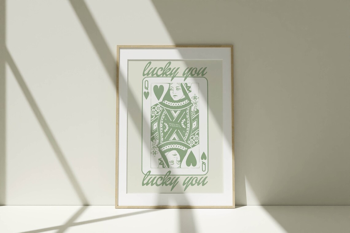 Queen of Hearts Lucky You Sage Green Playing Card Wall Poster - Image 2