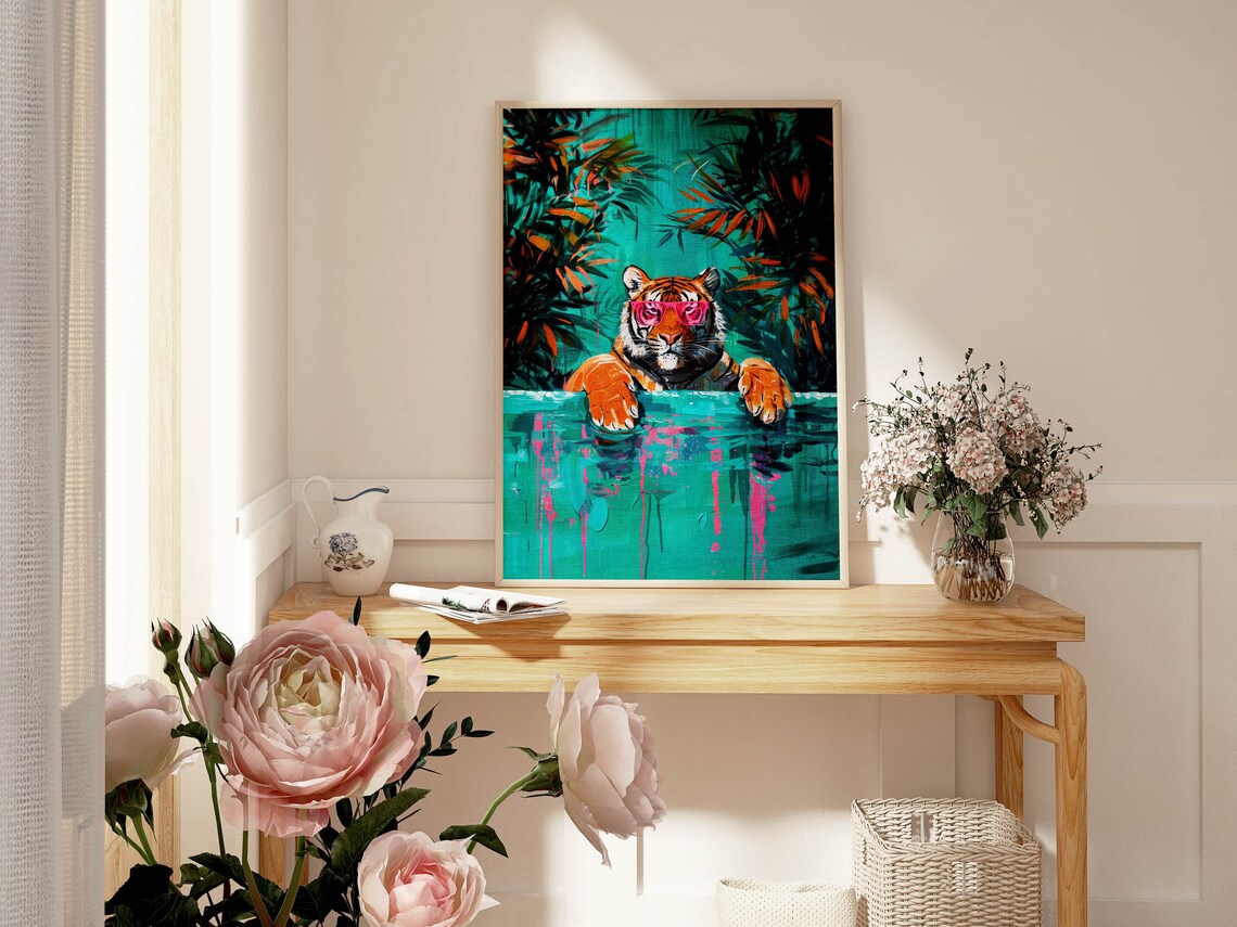 Tiger Wearing Pink Sunglasses Pool Tropical Maximalist Funny Animal Wall Art - Image 2