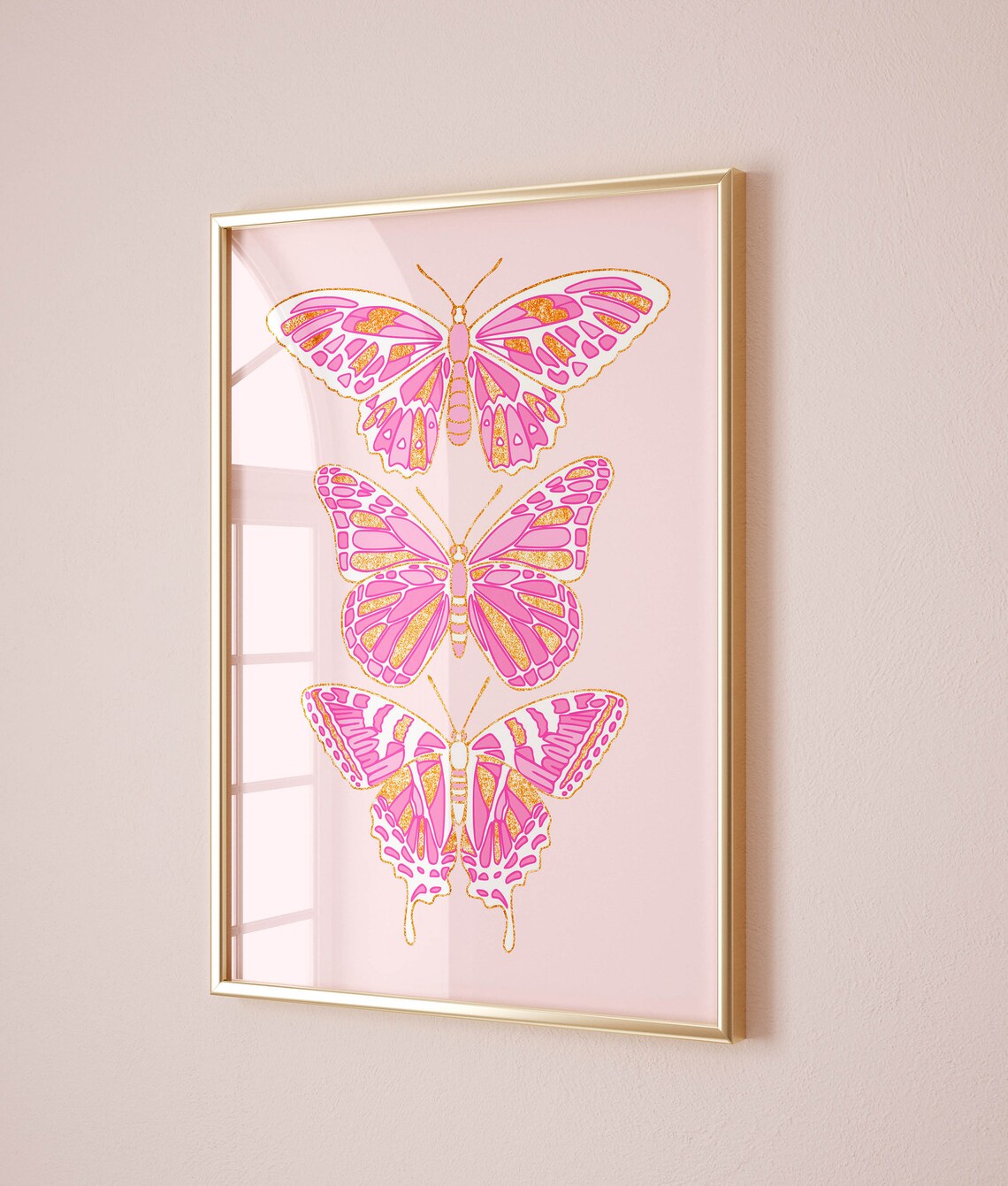 Trio Pink Gold Glitter Butterfly Monarch Preppy Teen Room Poster