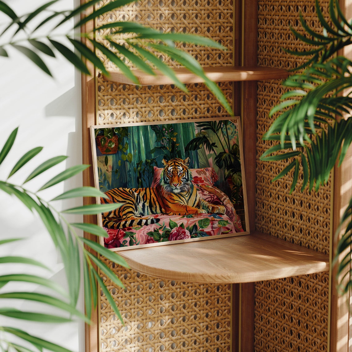 Tiger Lounging on Floral Sofa Jungle Maximalist Tropical Eclectic Wall Art - Image 3