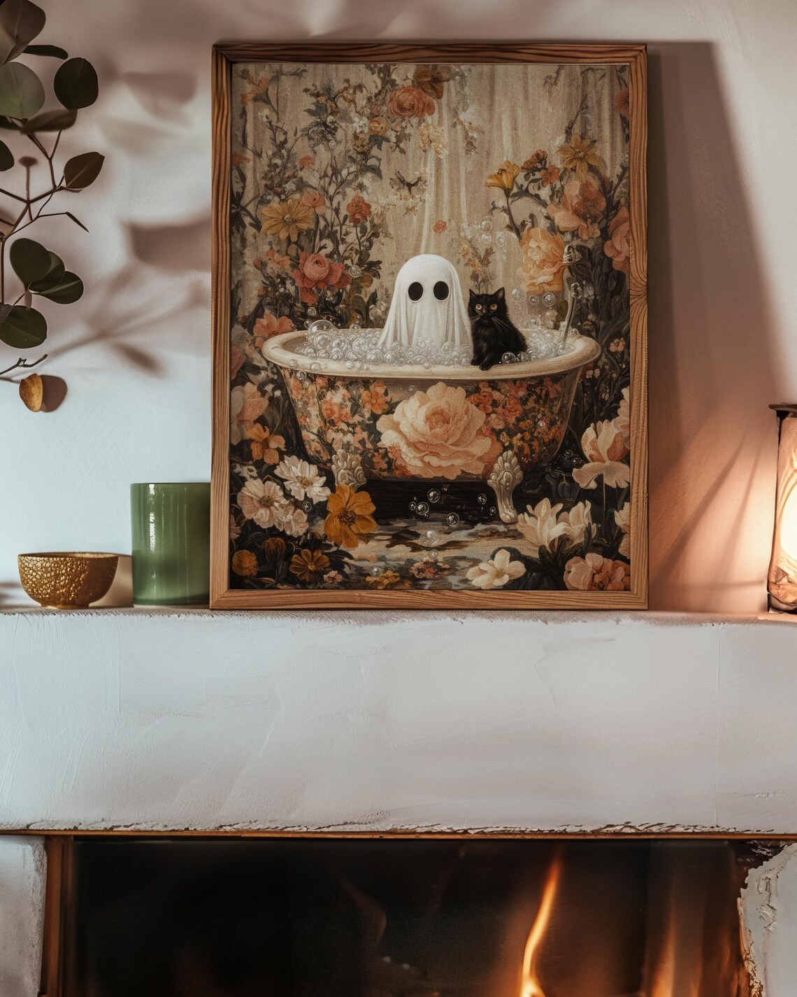 Adorable Ghost With Black Cat Bubble Bath Floral Halloween Poster