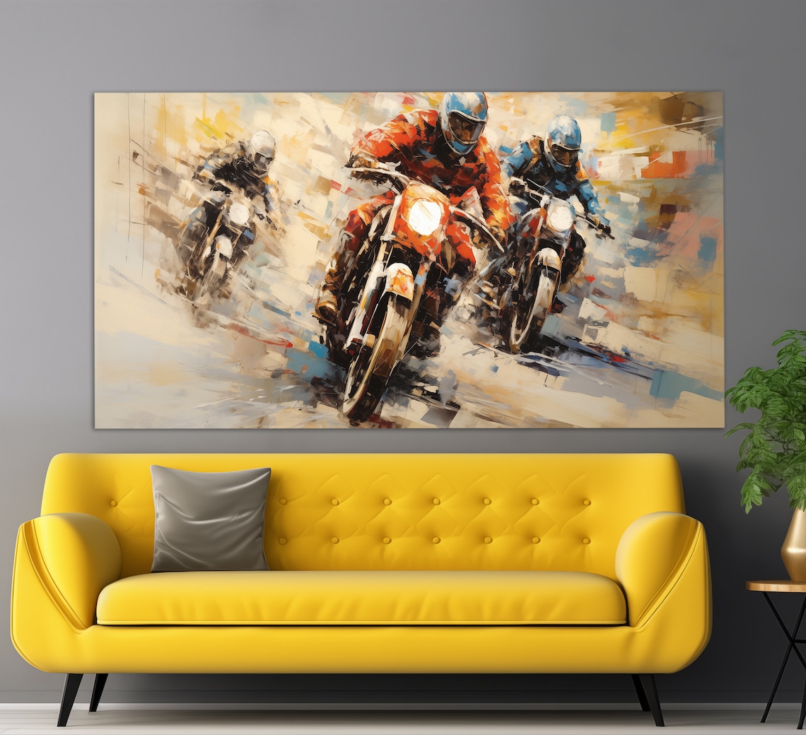 Road Racing Motorcycles Oil Painting Style Three Racers Speed Poster
