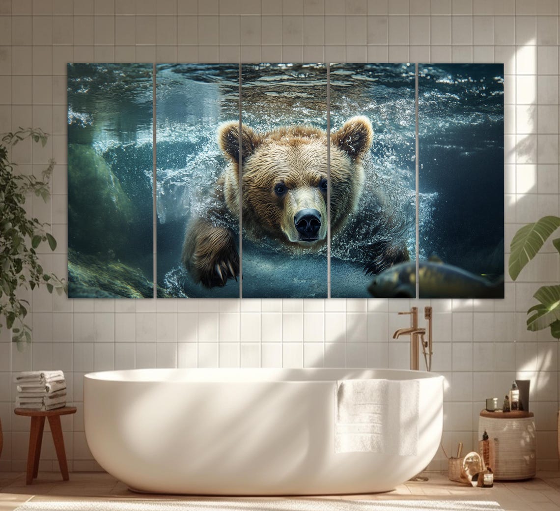 Brown Bear Swimming Underwater Chasing Fish Wildlife Art Poster - Image 5