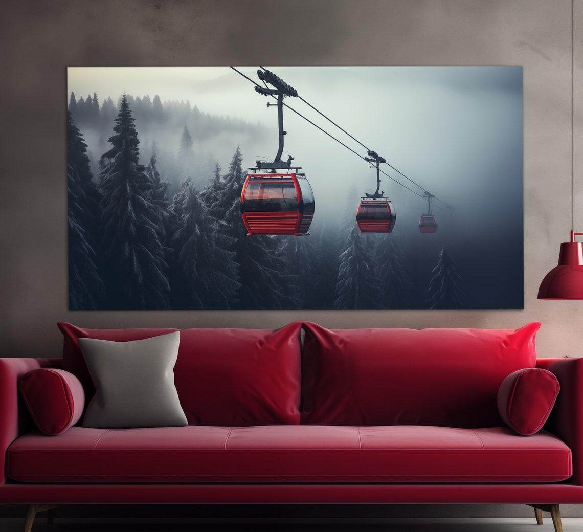 Red Cable Car Gondolas Misty Snowy Pine Forest Dusk View Poster - Image 4