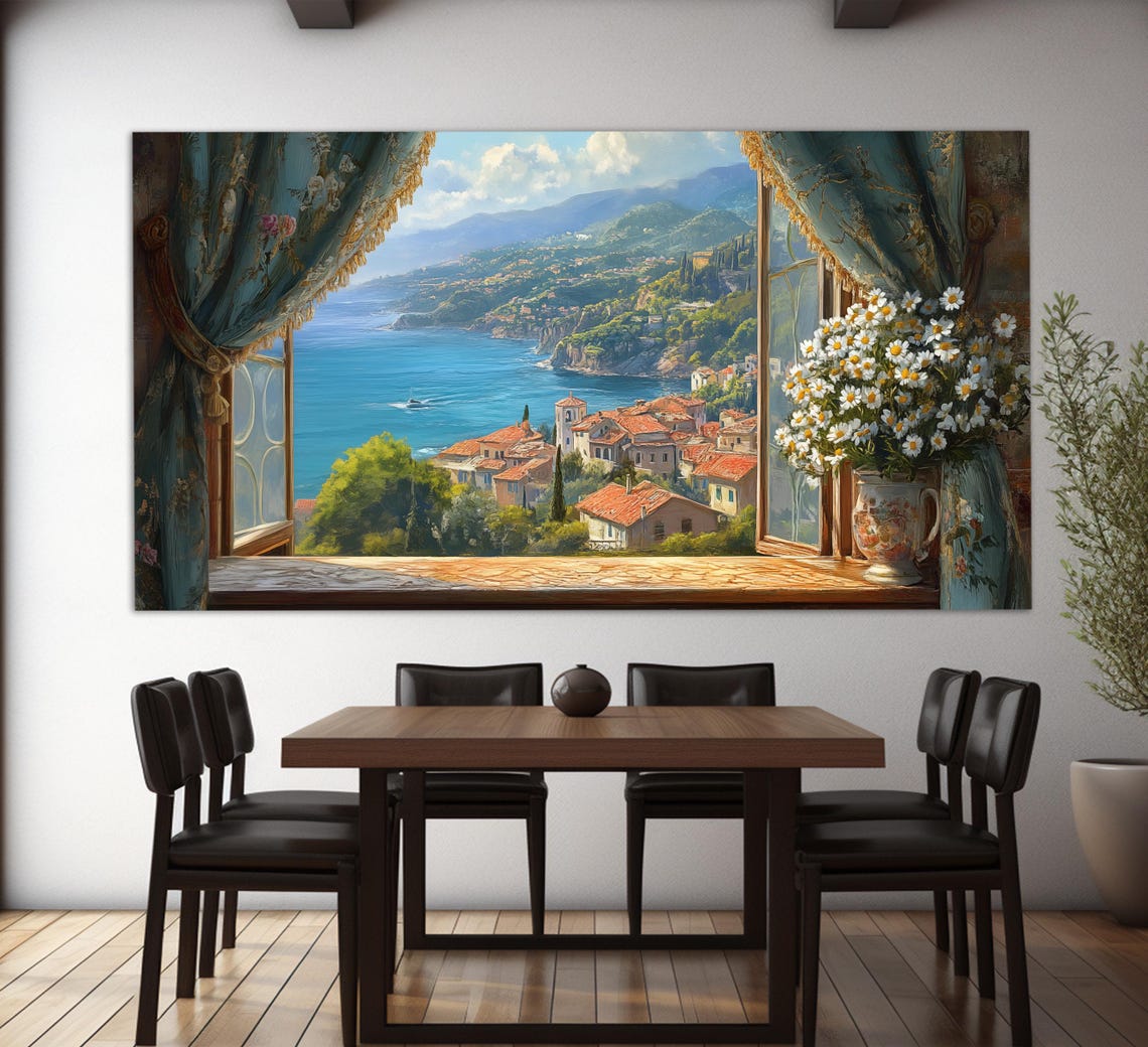 Italian Coastal Village View From Open Window With Daisies Wall Art