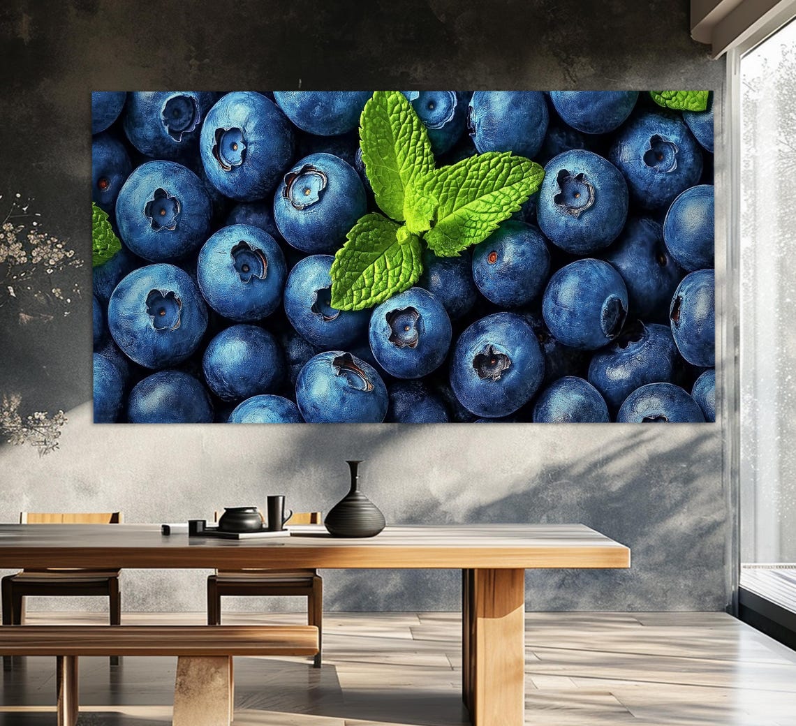 Fresh Blueberries Mint Leaves Macro Photography Kitchen Wall Art Print - Image 3