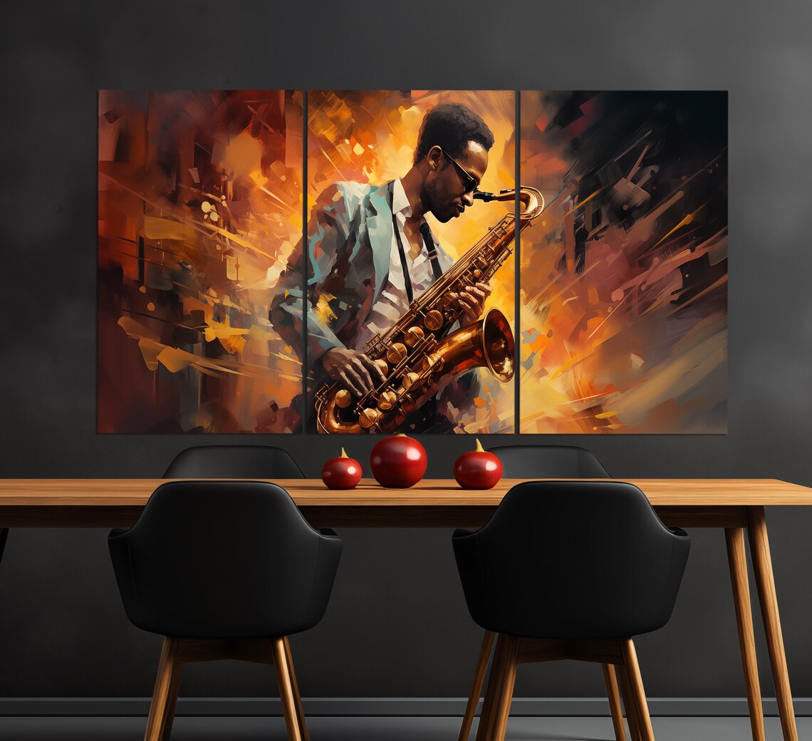 Saxophonist Playing Saxophone Fiery Orange Jazz Club Oil Painting Music Wall Art - Image 3
