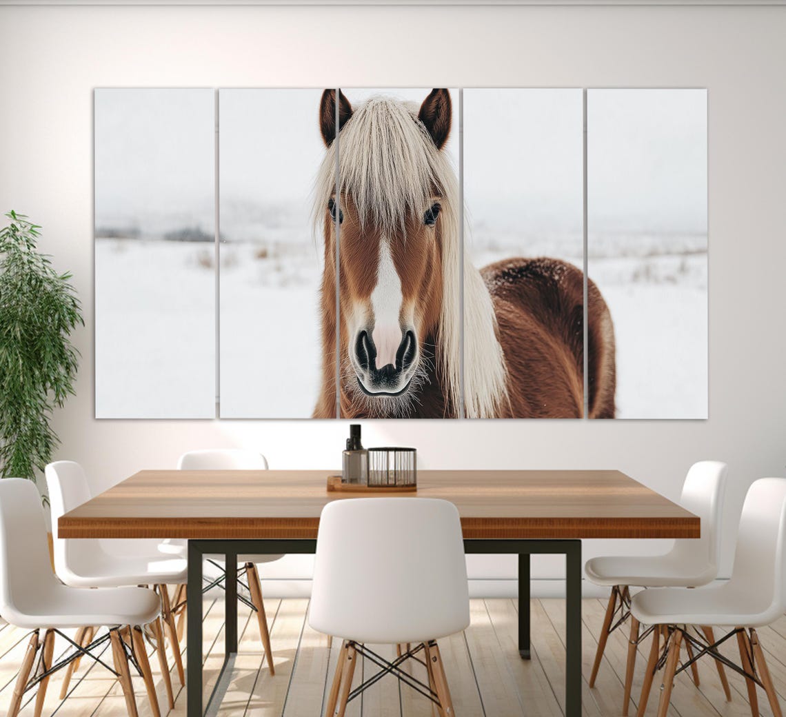 Chestnut Horse White Mane Portrait Snow Winter Field Painting Poster - Image 2