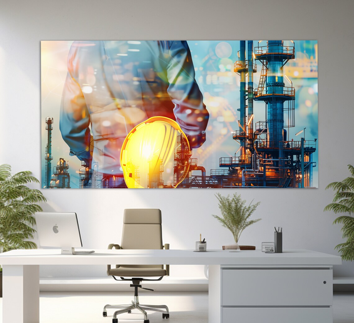 Industrial Refinery Plant Engineer Silhouette Double Exposure Poster