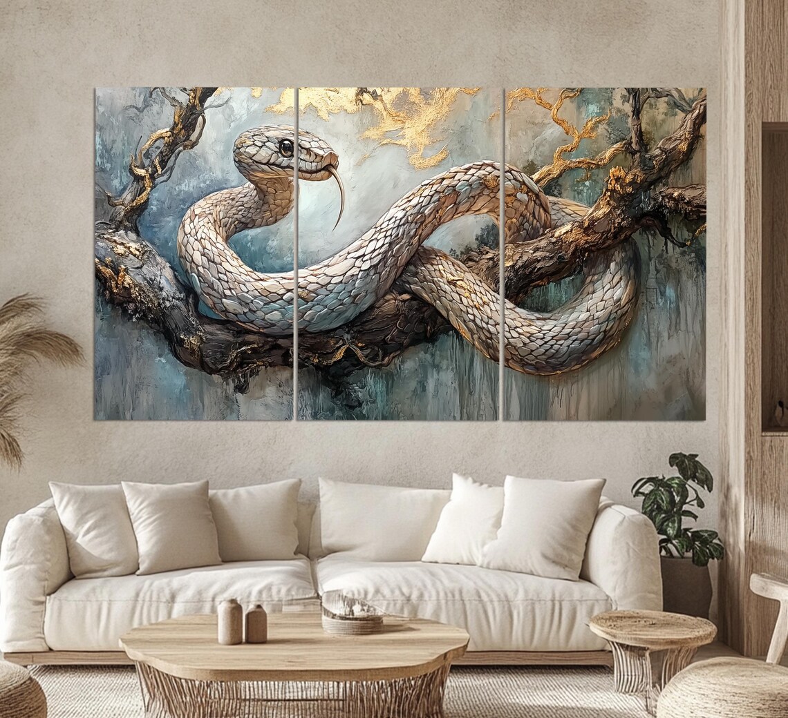 White Snake Coiled On Branch Gold Leaf Year Of Snake Oil Painting Poster - Image 5