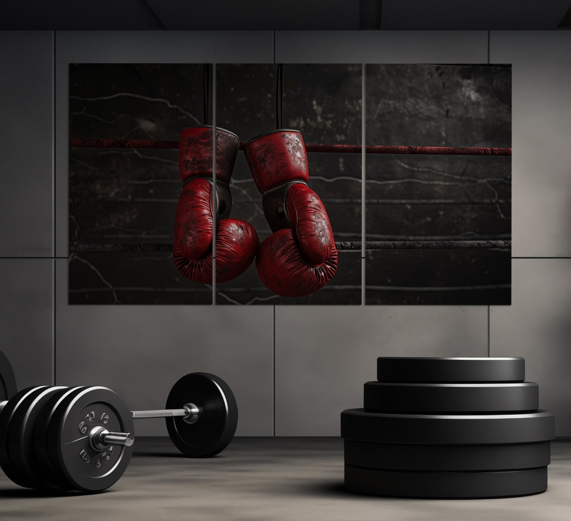 Vintage Red Boxing Gloves Hanging Ring Ropes Dark Moody Print Poster - Image 3