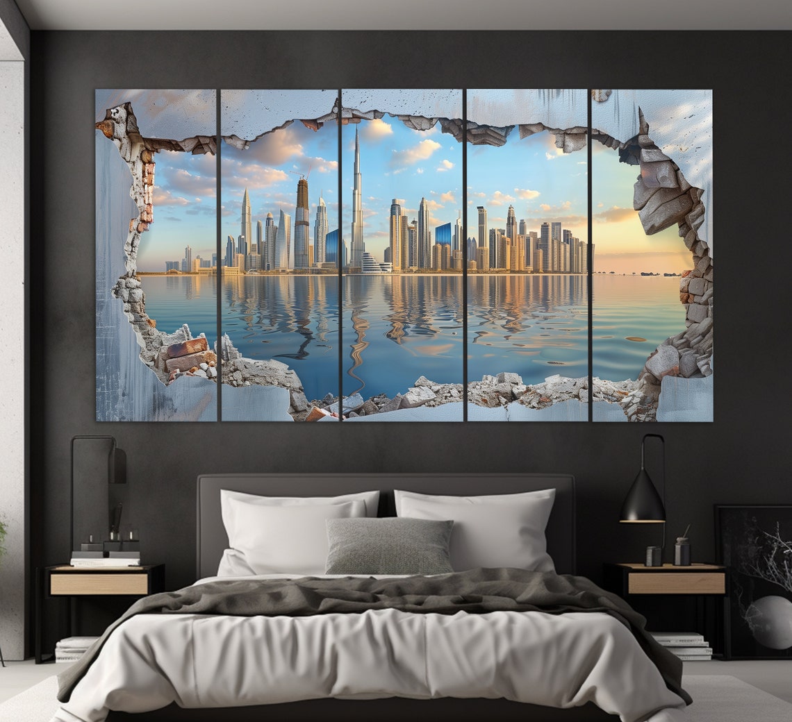 Dubai Skyline Broken Wall 3D Illusion Sunset City View Travel Poster - Image 2