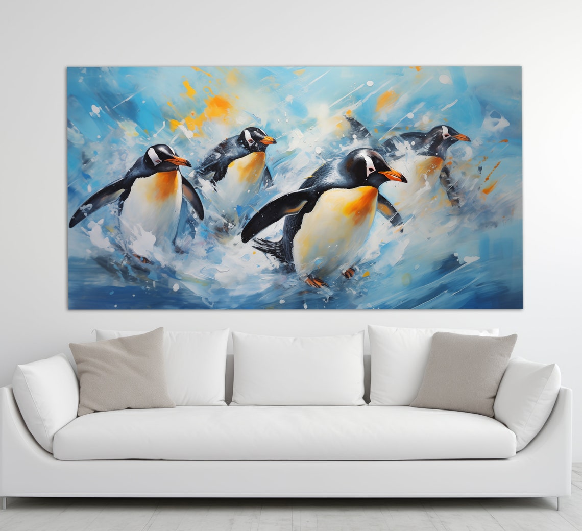Penguins Swimming Blue Water Splash Oil Painting Style Poster