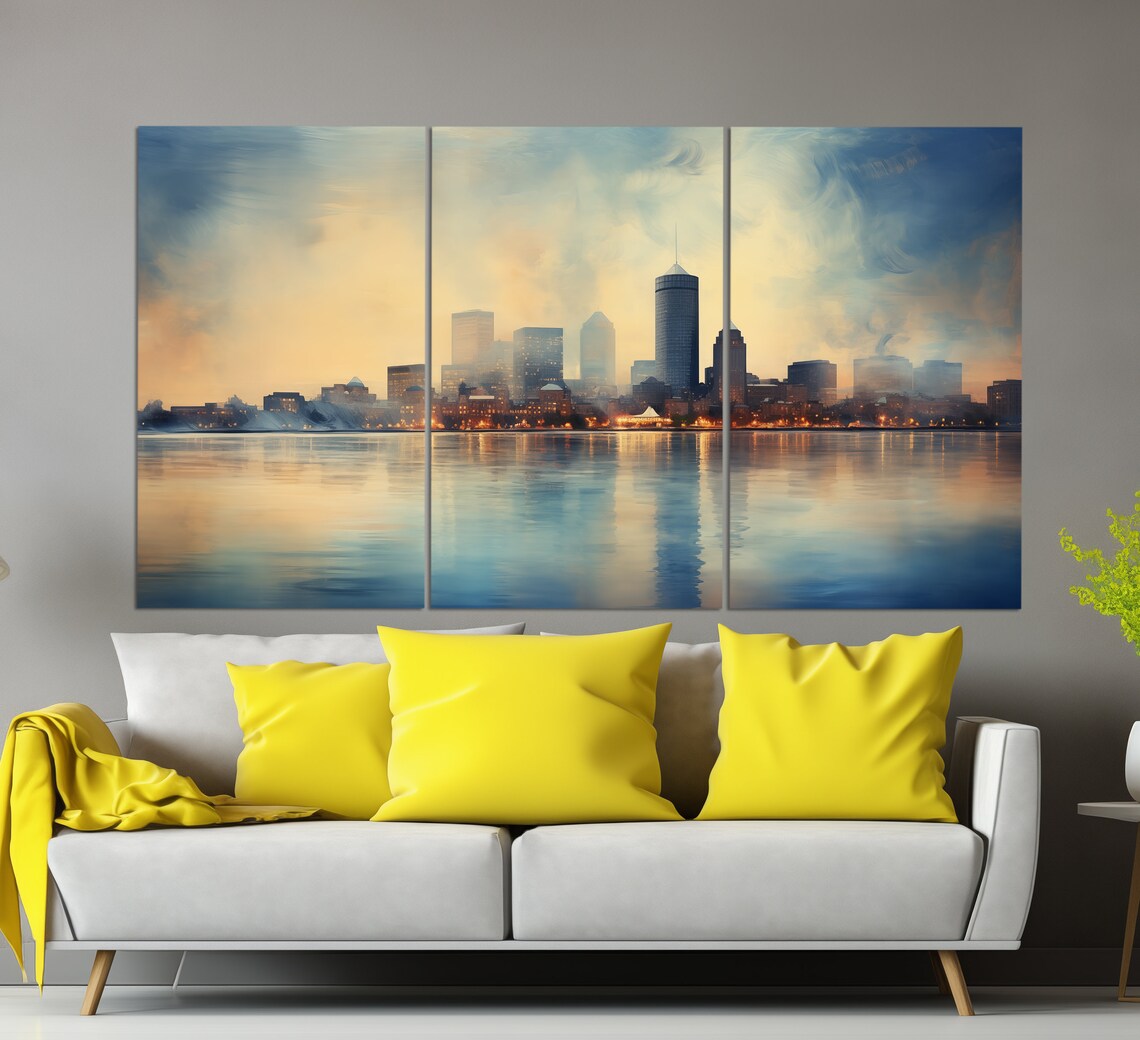 Boston Skyline Dusk Water Reflections Golden Sky City Lights Poster - Image 2