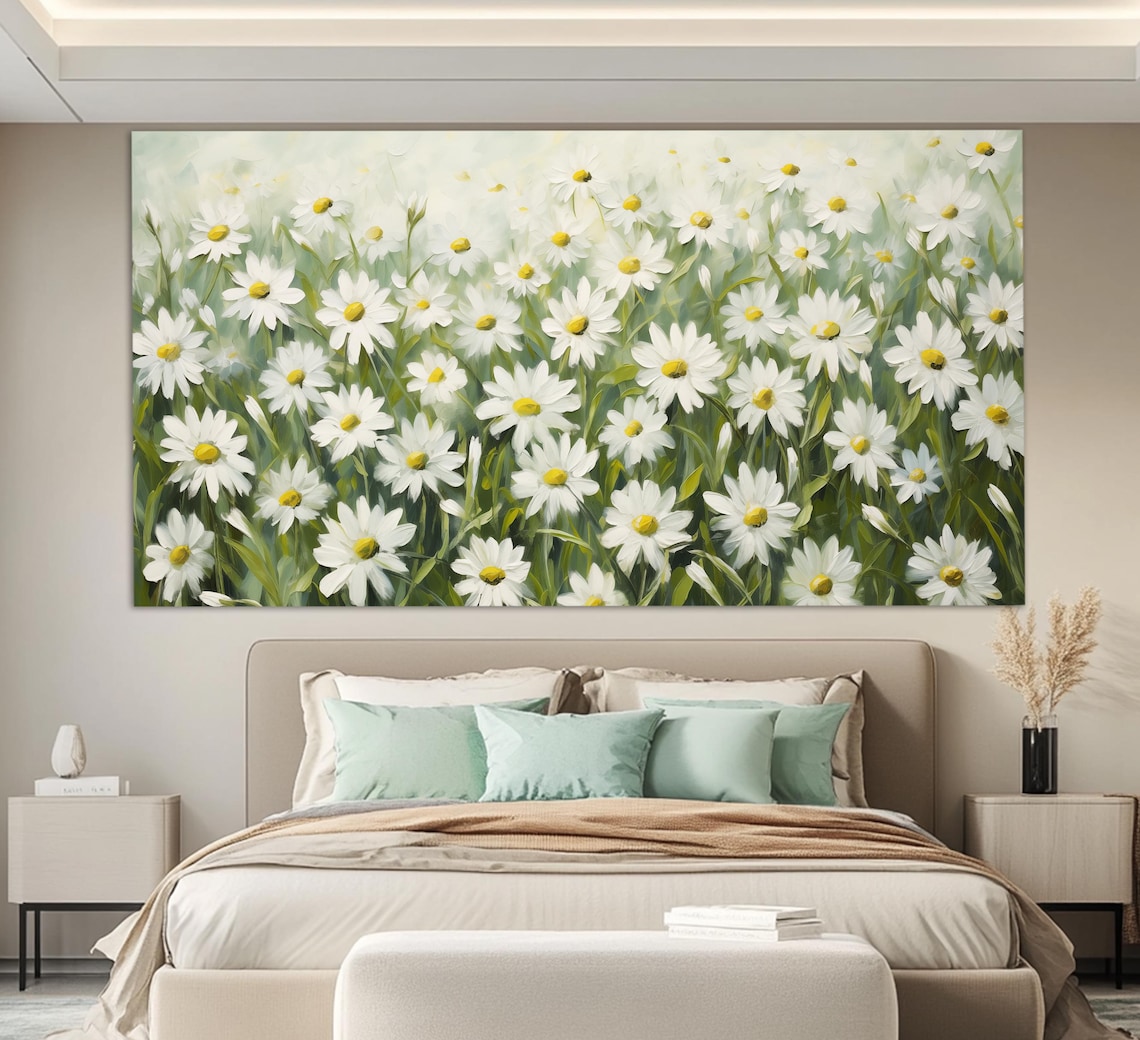 White Daisy Meadow Field Vintage Oil Painting Style Flower Poster