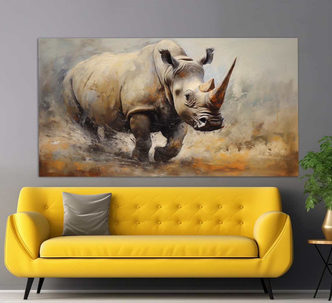 Charging Rhinoceros Neutral Beige Oil Painting Wildlife Wall Art