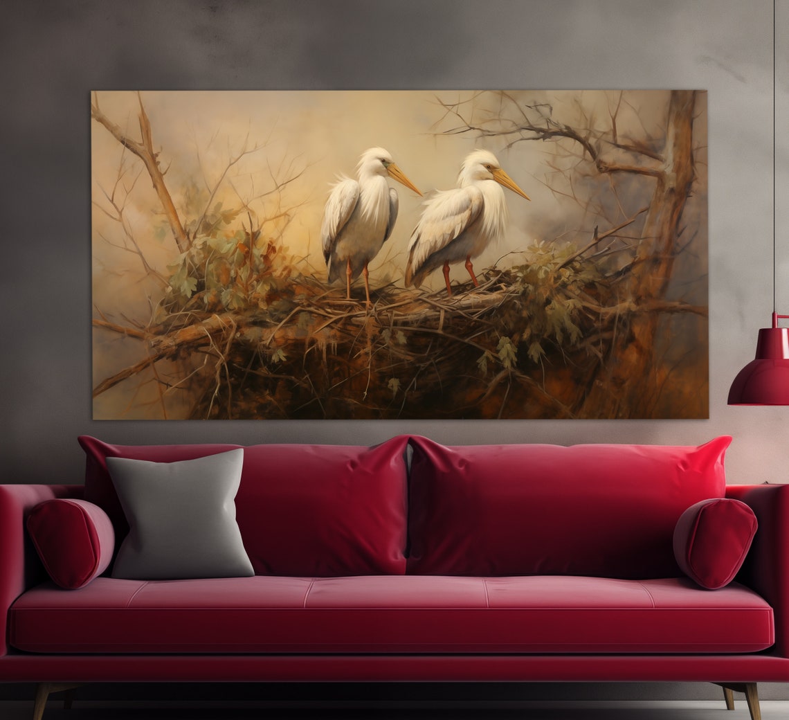 White Birds Nesting Branch Warm Toned Vintage Bird Art Poster