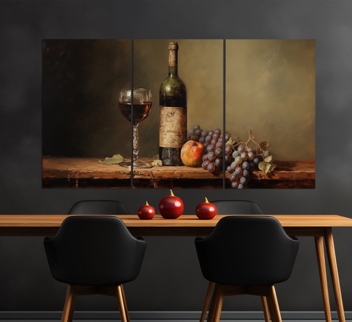 Red Wine Bottle Glass Grapes Peach Rustic Still Life Art Poster