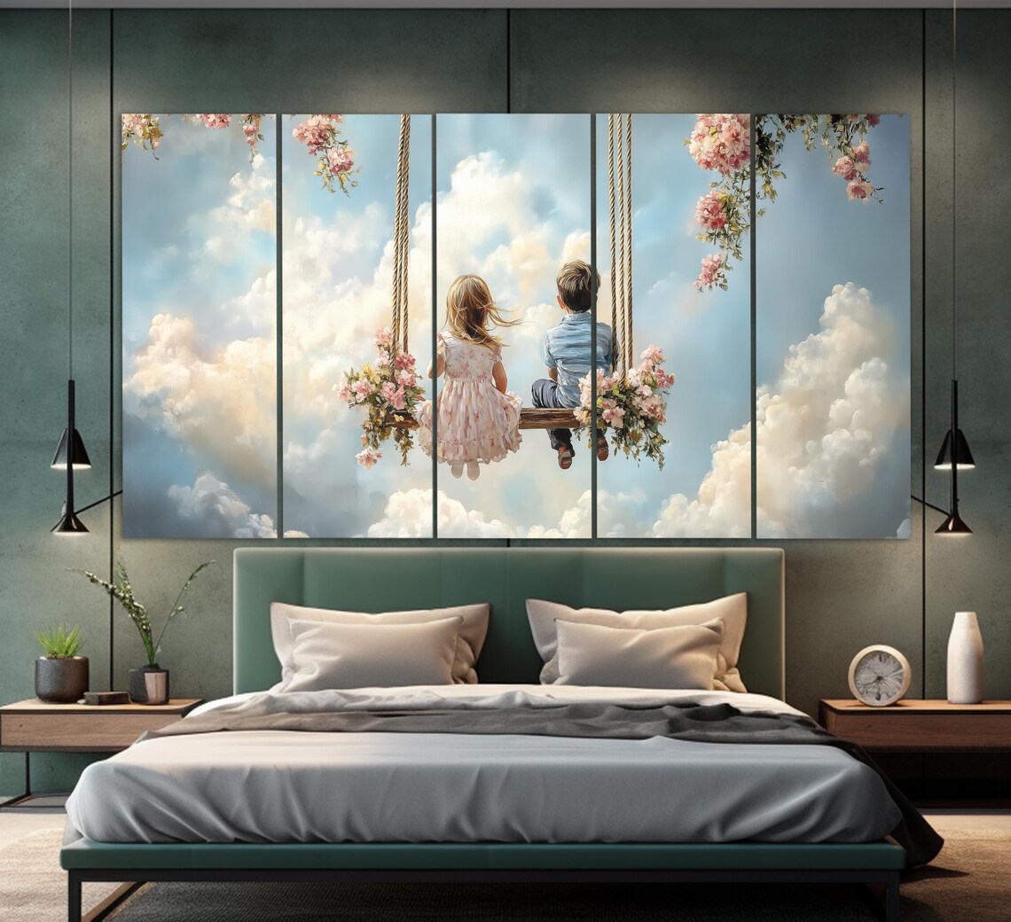 Children On Swing In Sky Whimsical Dreamy Kids Room Wall Art Poster - Image 2