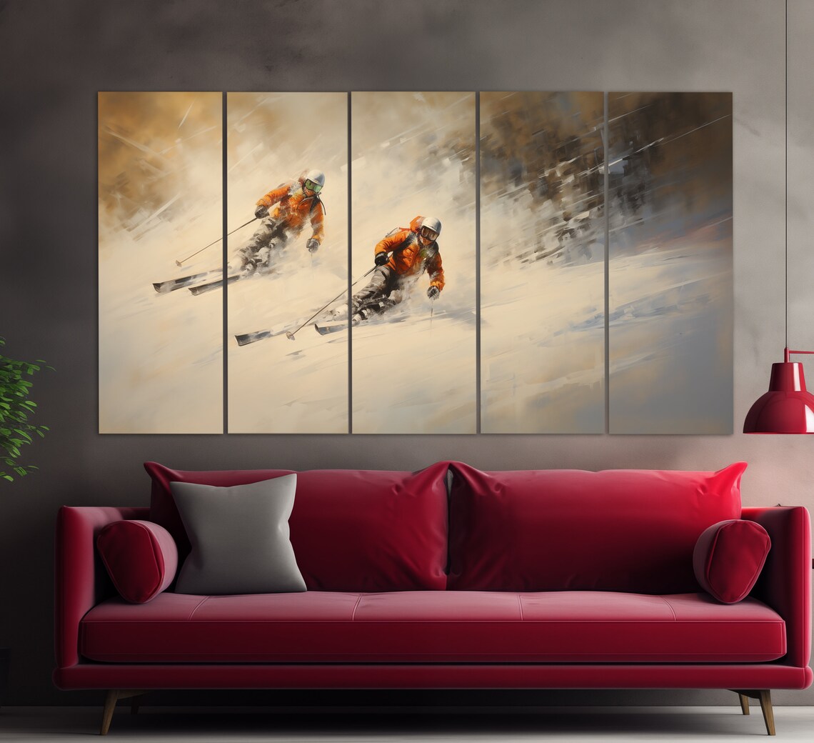 Downhill Skiers Racing Orange Jackets Snow Spray Oil Painting Poster - Image 5
