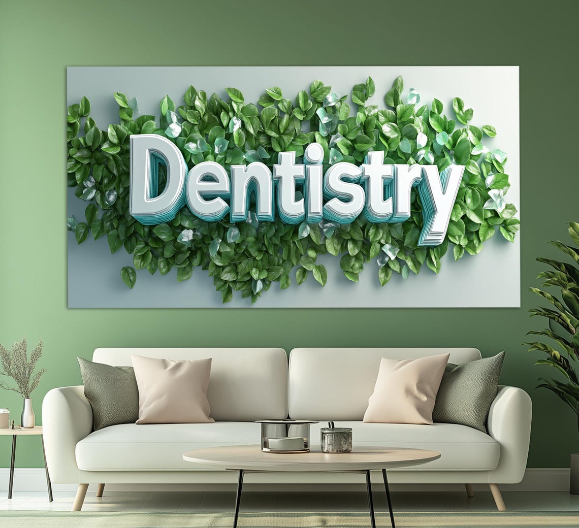 Dentistry 3D Lettering Green Leaves Modern Dental Office Art Print