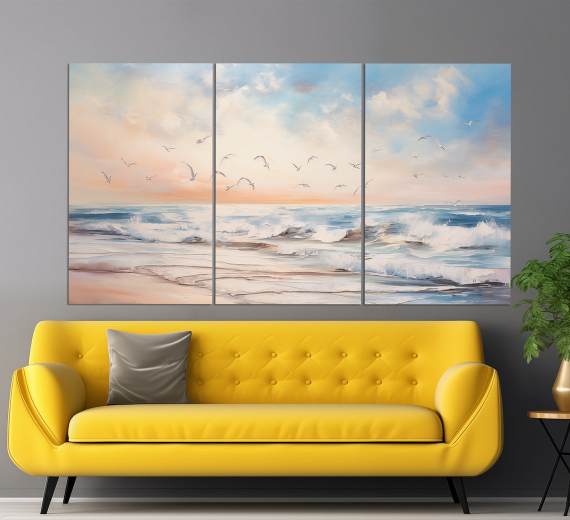 Seagulls Over Ocean Waves Sunset Soft Peach Blue Oil Painting Wall Art - Image 3