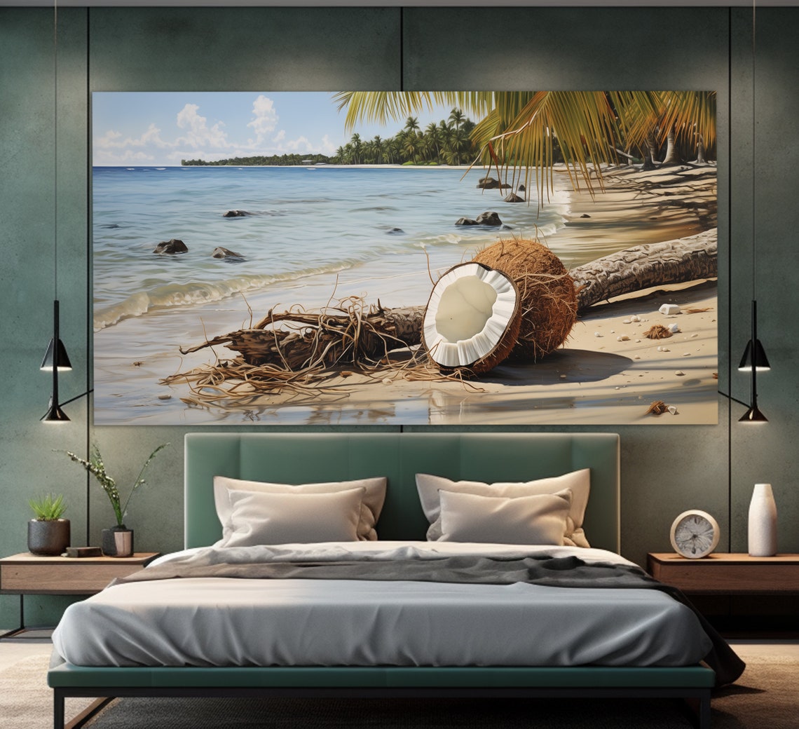 Split Coconut on Tropical Beach Palm Trees Ocean View Travel Poster