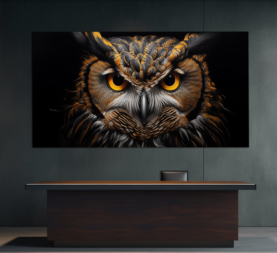 Horned Owl Close Up Portrait Golden Eyes Dark Wildlife Poster