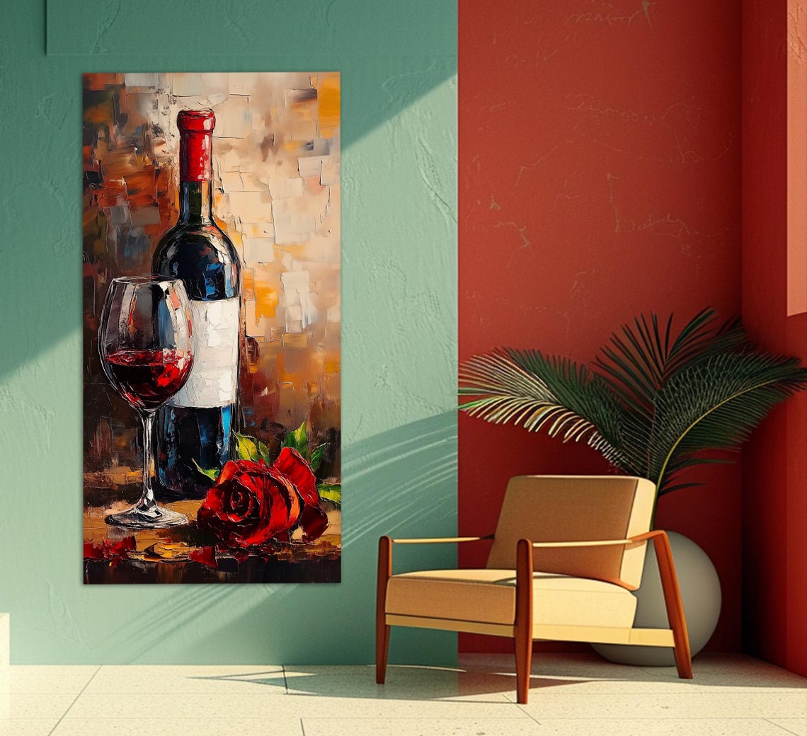 Red Wine Bottle Glass and Red Rose Romantic Still Life Poster - Image 3