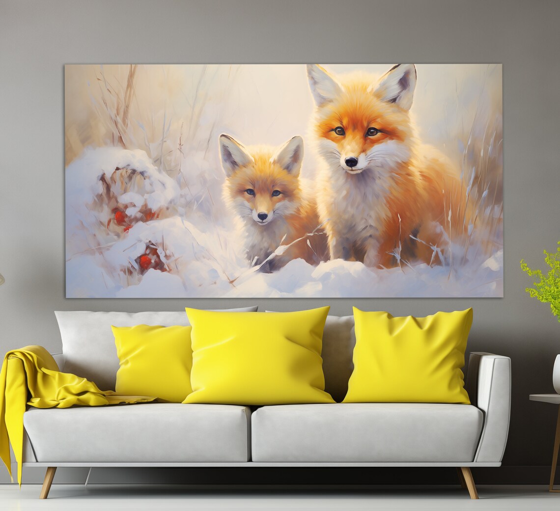 Red Fox With Cub Snowy Winter Forest Oil Painting Style Wildlife Wall Art