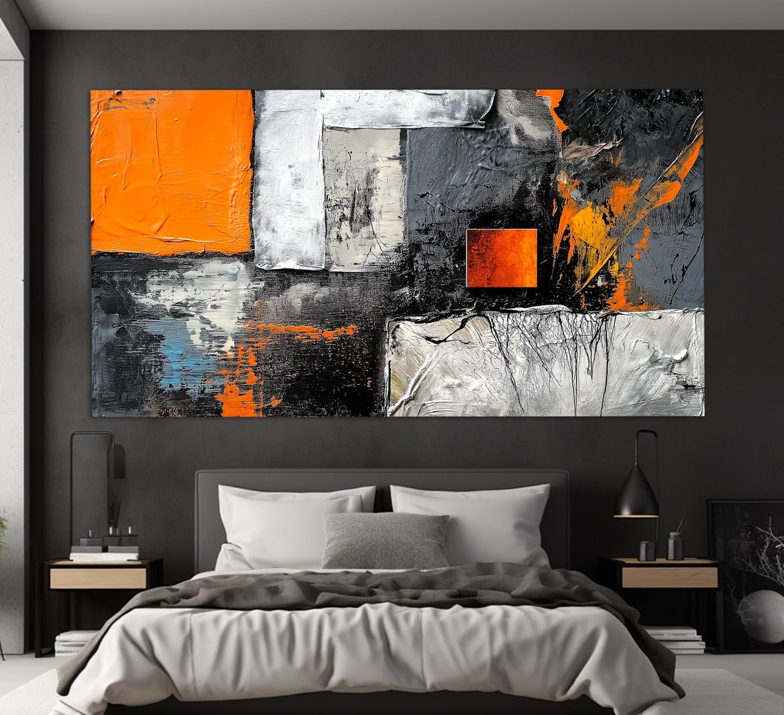 Abstract Orange Black White Geometric Textured Painting Wall Art Print