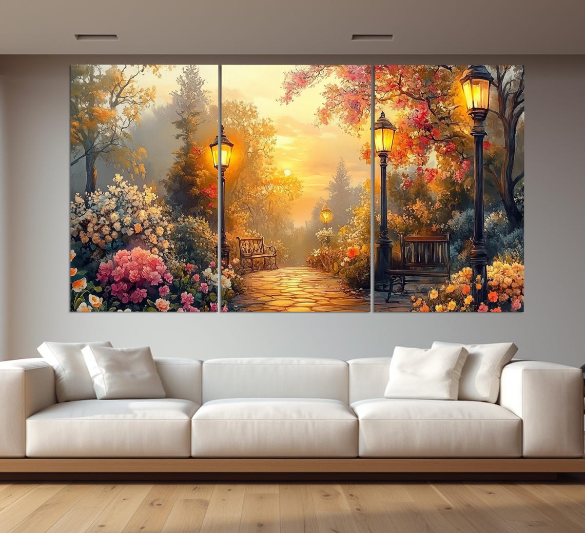 Park Path Lamp Posts Blooming Flowers Golden Sunset Garden Art Poster - Image 3