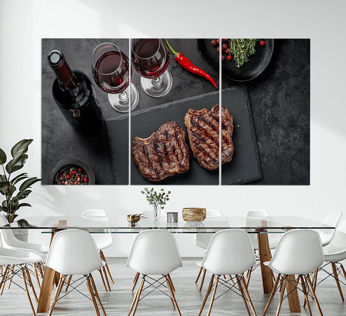 Grilled Ribeye Steaks Red Wine Dark Slate Food Photography Wall Art Poster - Image 6