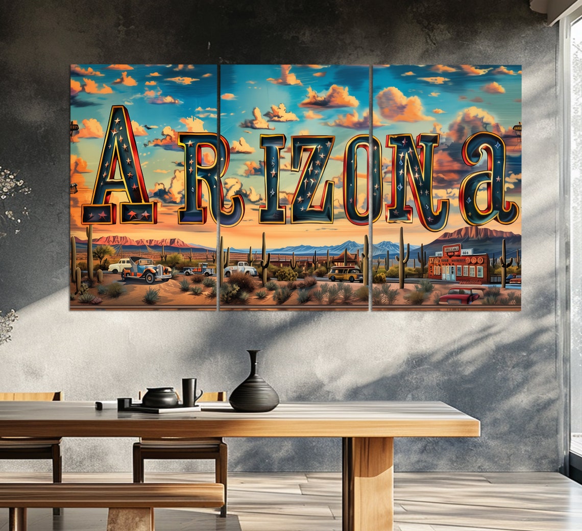 Arizona Sign Print In A Vintage Oil Painting Style Abstract Arizona Wall Art Arizona Desert Painting Modern Arizona Art - Image 3