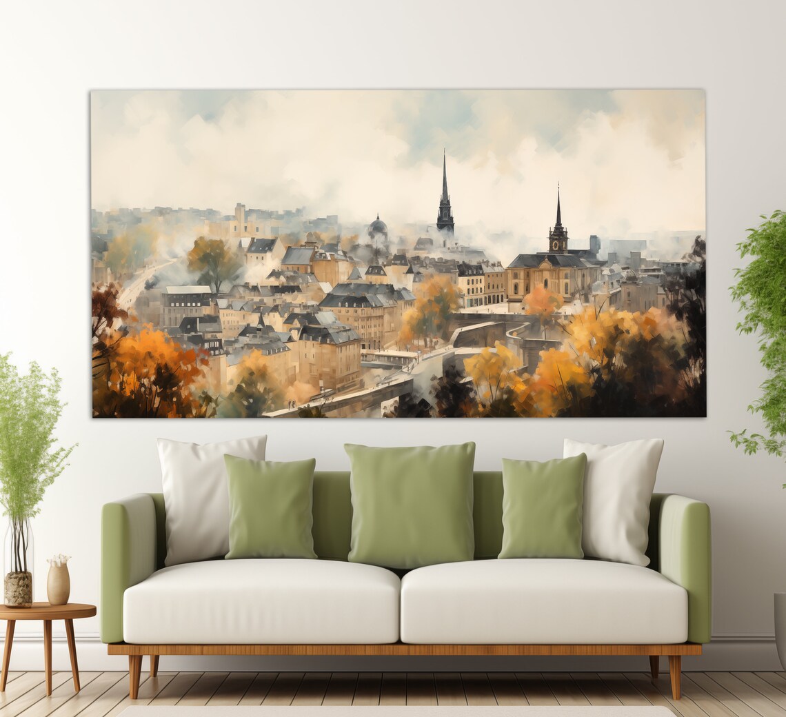 Luxembourg City Old Town Autumn Church Spires Vintage Painting Poster