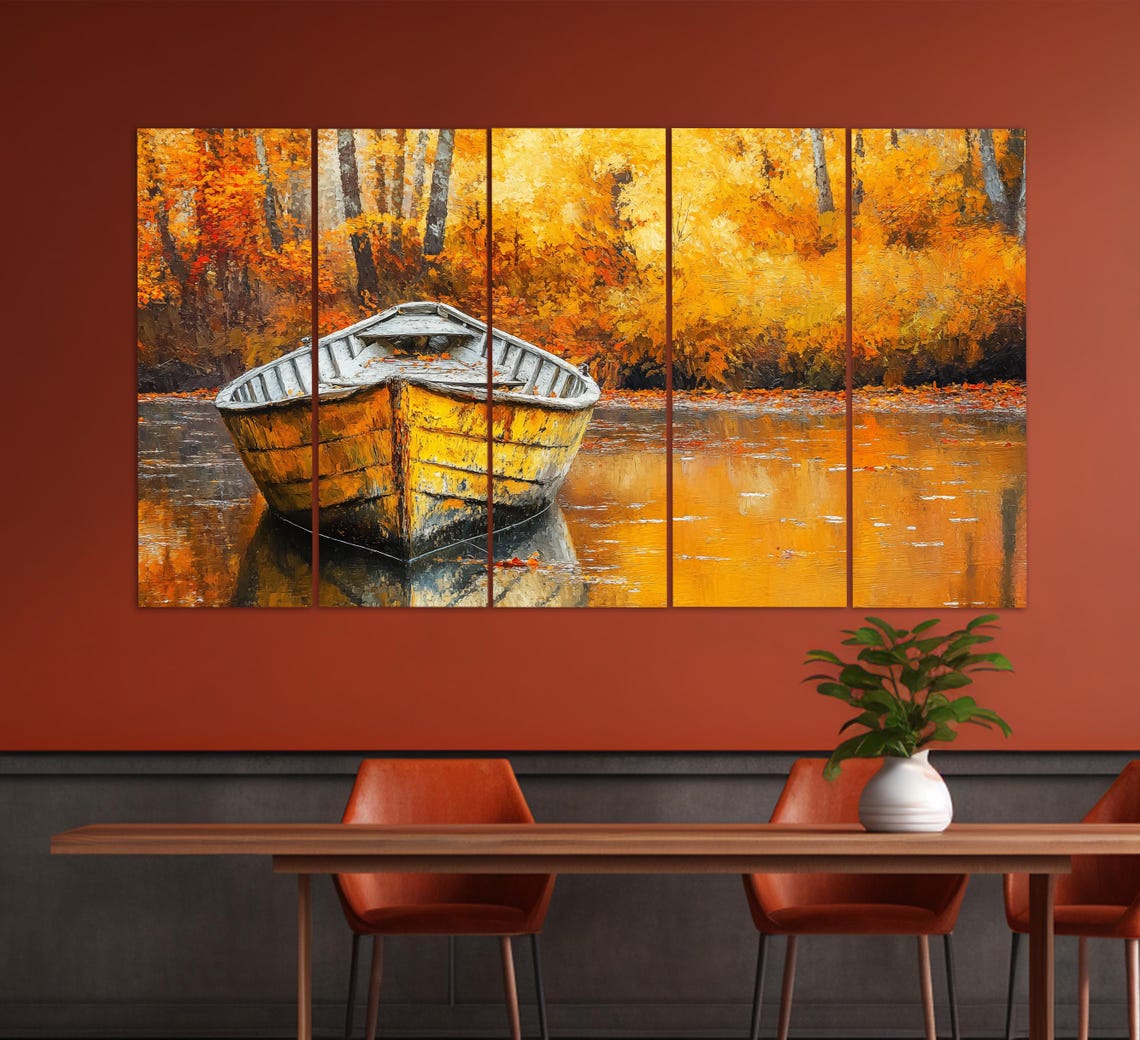 Old Fishing Boat In Autumn Lake Print In A Vintage Oil Painting Style Abstract Wooden Boat Wall Art Retro Nautical Poster - Image 5