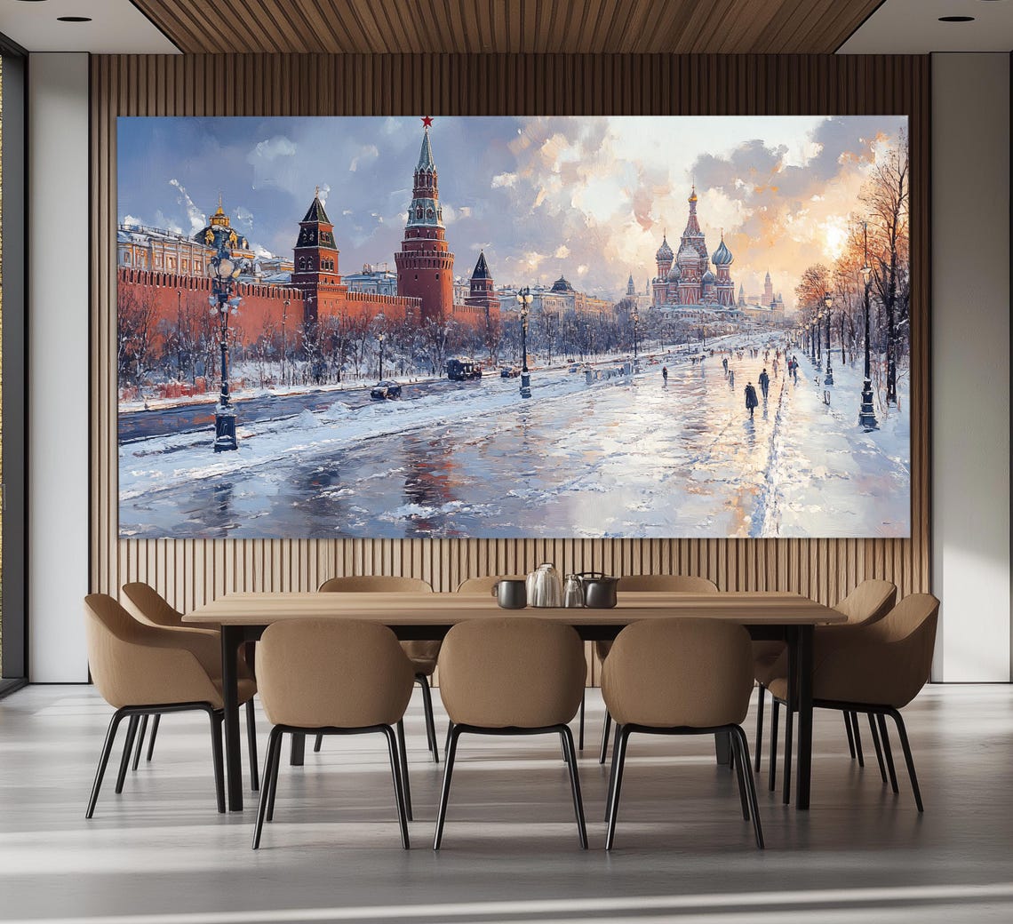 Moscow Winter Red Square Kremlin Saint Basils Oil Painting Snow Poster