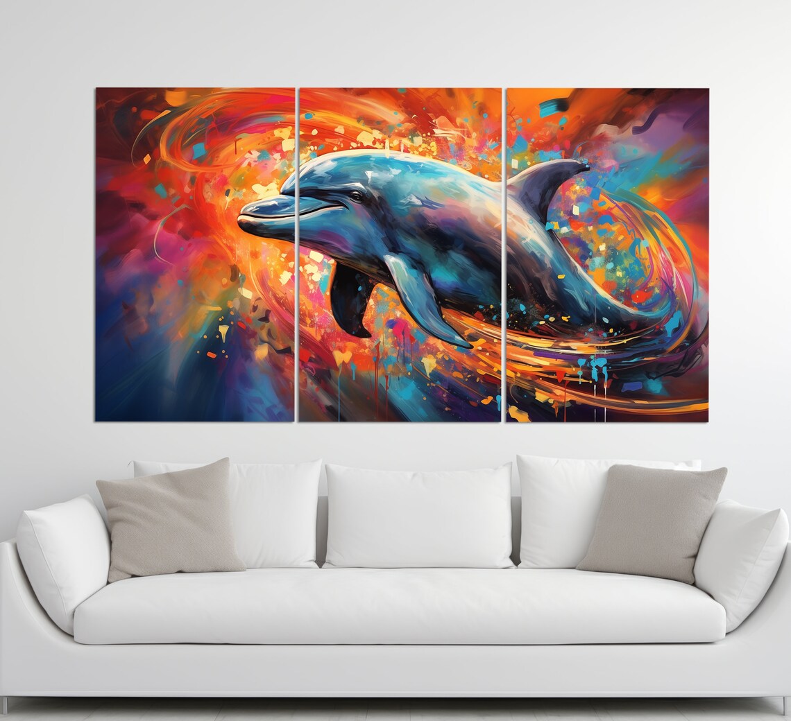 Dolphin Leaping Multicolor Abstract Swirl Vibrant Oil Painting Poster - Image 4