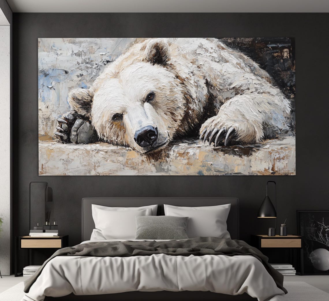 Sleepy Polar Bear Resting Head on Paws White Impasto Art Poster