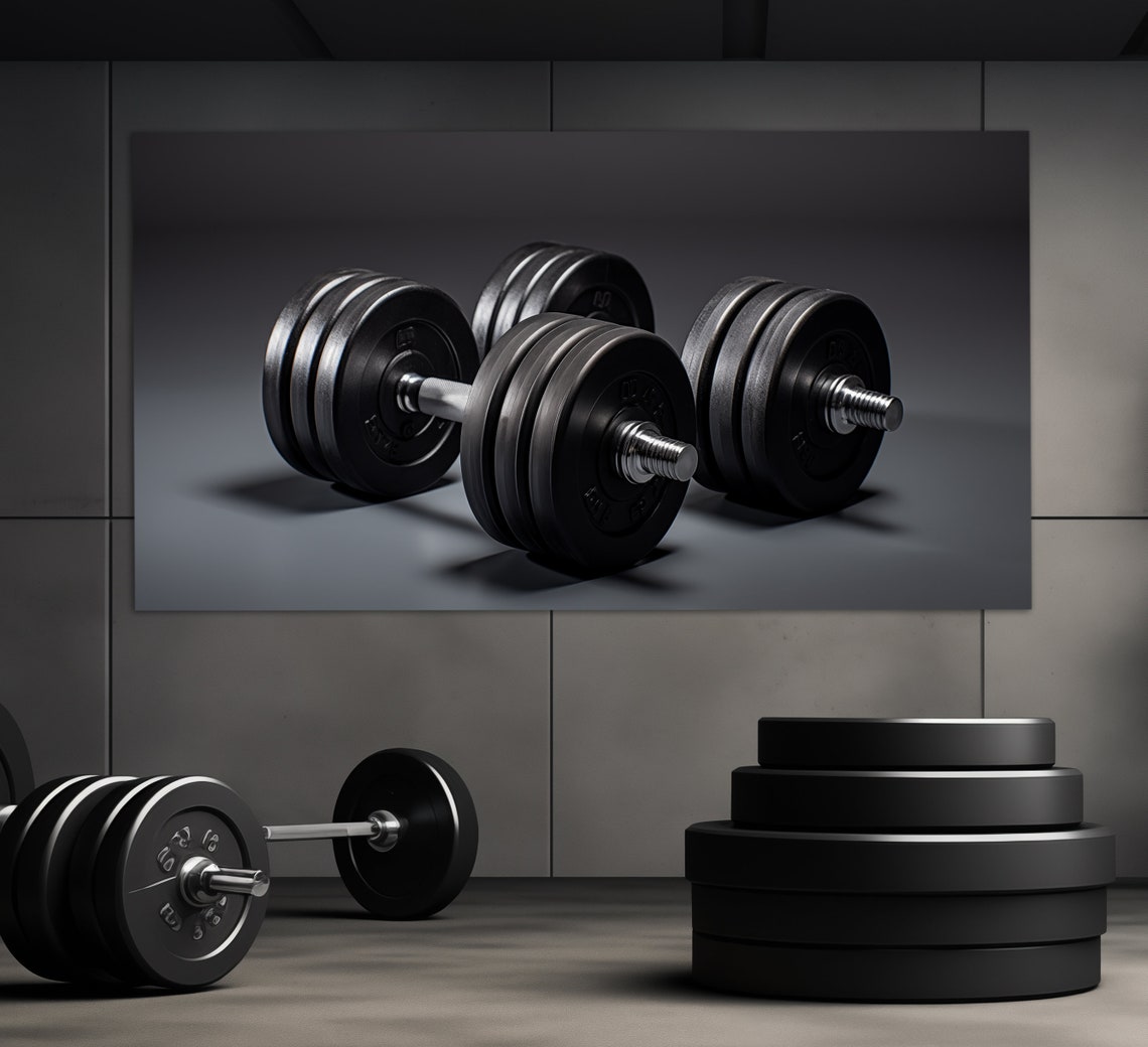 Black Dumbbells Minimalist Dark Background Fitness Gym Decor Print