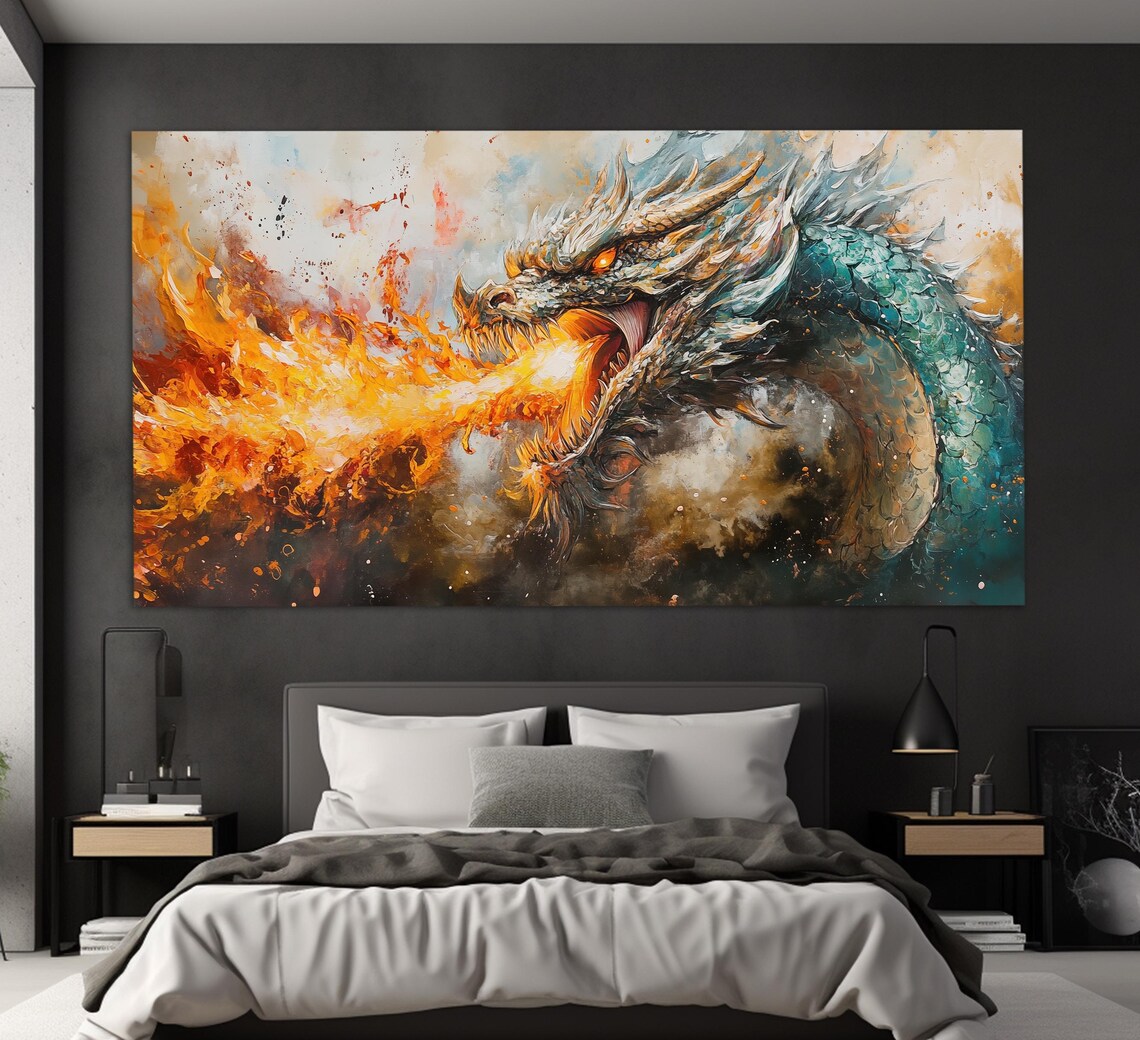 Fire Breathing Teal Dragon Head Fierce Orange Flames Fantasy Art Poster - Image 6